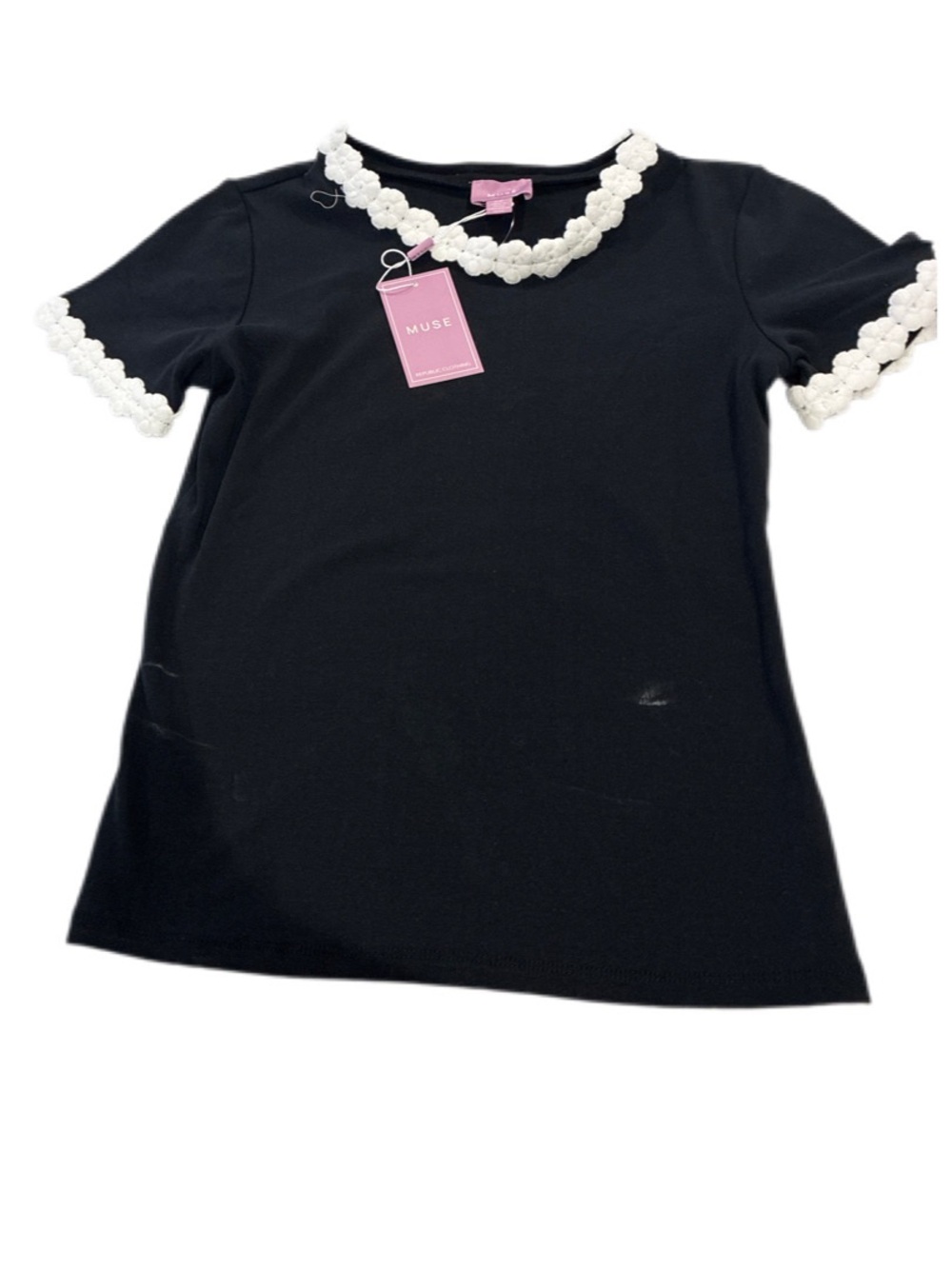 Muse Black Short Sleeve Top with White Floral Trim